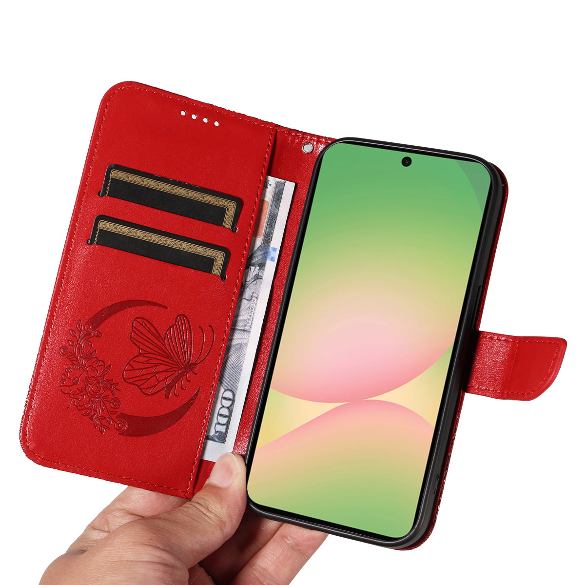 For Samsung Galaxy A57 5G Case Butterfly Pattern PU Leather Folio Flip Phone Cover -  Red