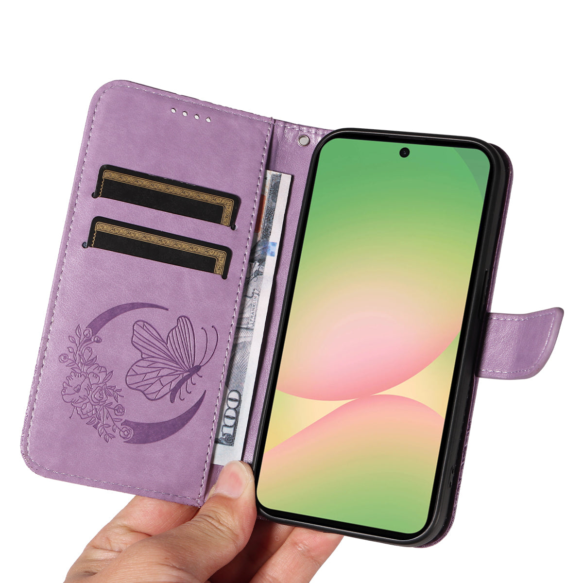 For Samsung Galaxy A57 5G Case Butterfly Pattern PU Leather Folio Flip Phone Cover -  Light Purple