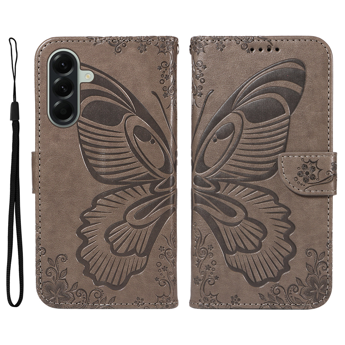 For Samsung Galaxy A57 5G Case Butterfly Pattern PU Leather Folio Flip Phone Cover - Grey