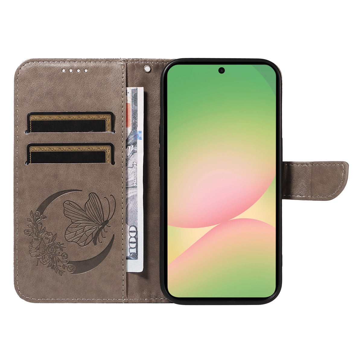 For Samsung Galaxy A57 5G Case Butterfly Pattern PU Leather Folio Flip Phone Cover - Grey