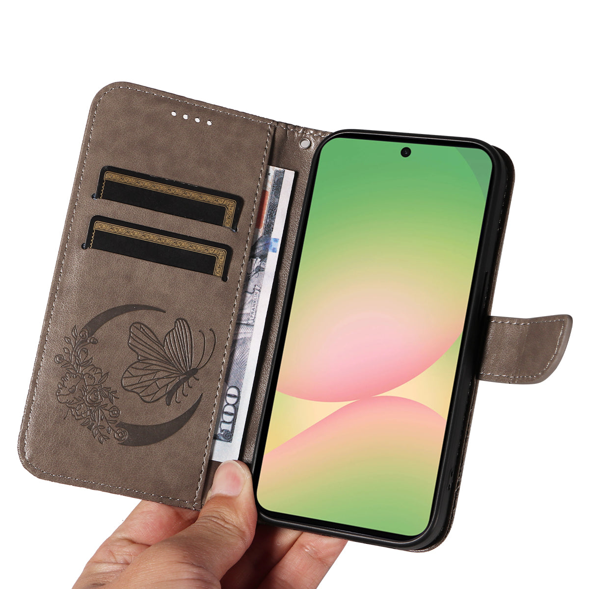 For Samsung Galaxy A57 5G Case Butterfly Pattern PU Leather Folio Flip Phone Cover - Grey