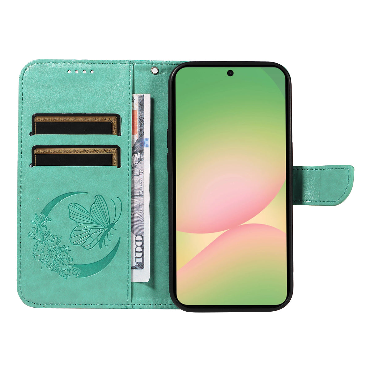 For Samsung Galaxy A57 5G Case Butterfly Pattern PU Leather Folio Flip Phone Cover -  Green