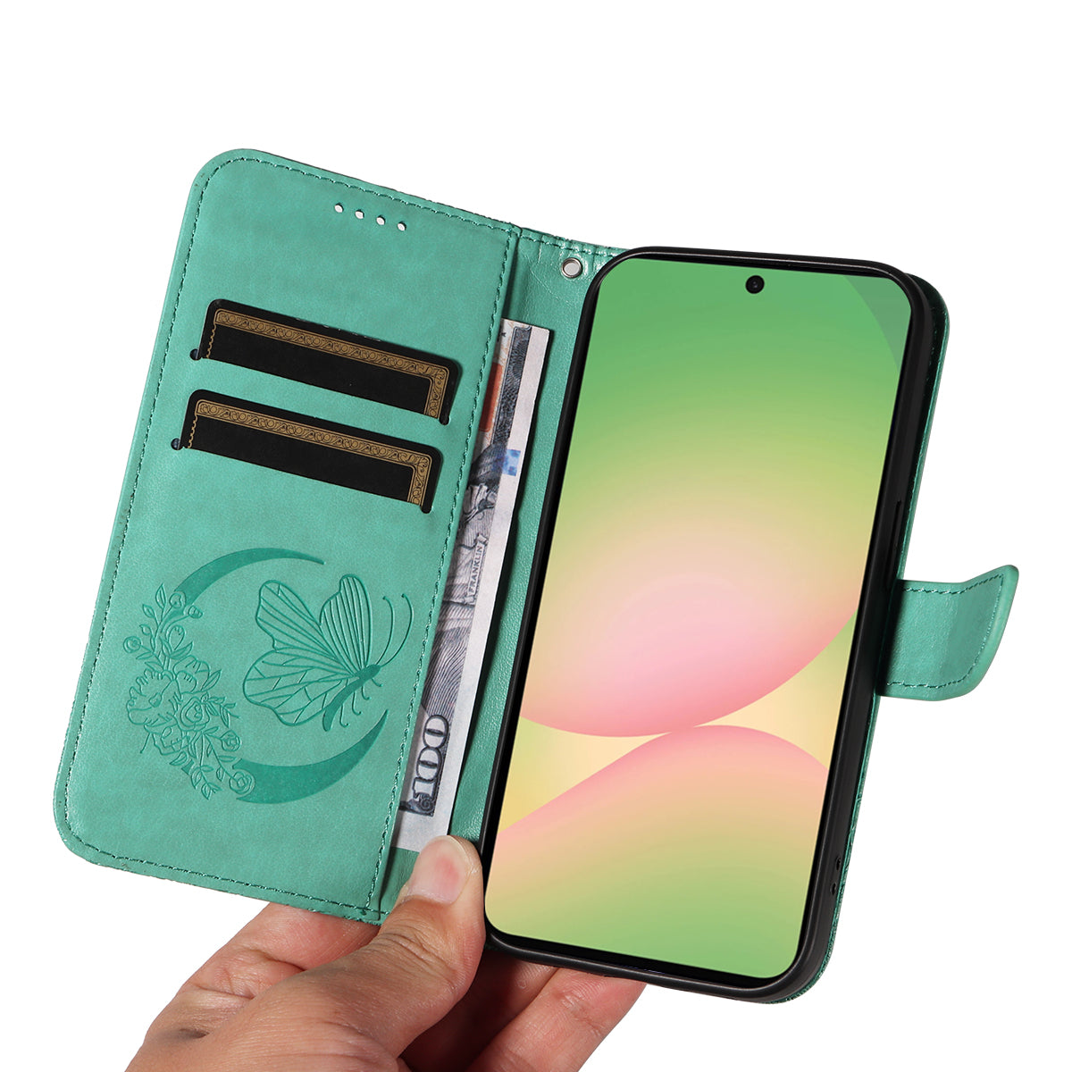 For Samsung Galaxy A57 5G Case Butterfly Pattern PU Leather Folio Flip Phone Cover -  Green