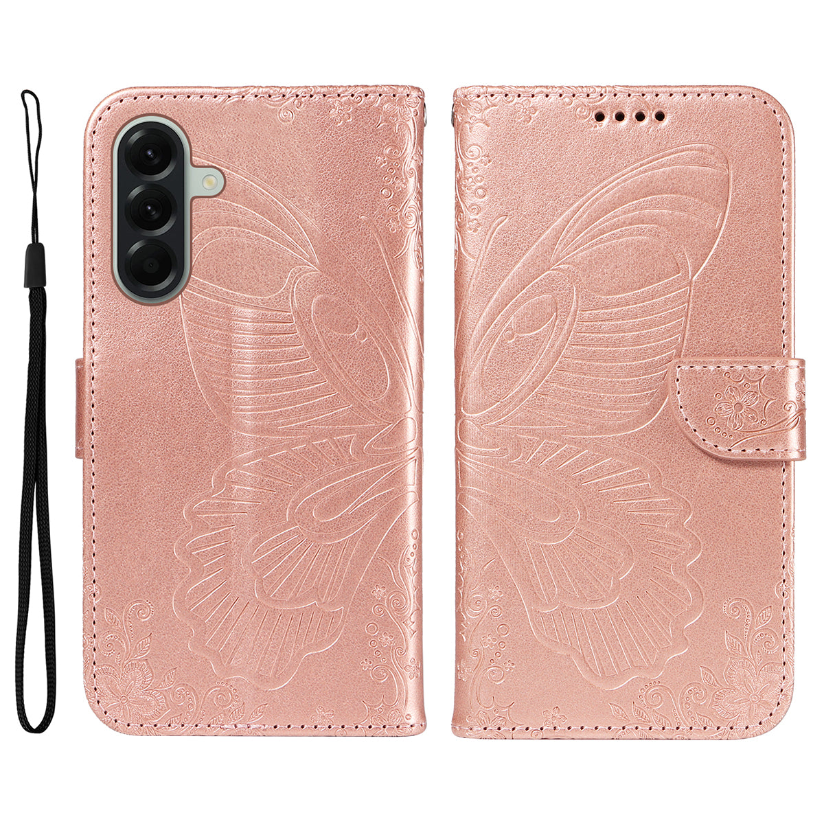 For Samsung Galaxy A57 5G Case Butterfly Pattern PU Leather Folio Flip Phone Cover -  Rose Gold