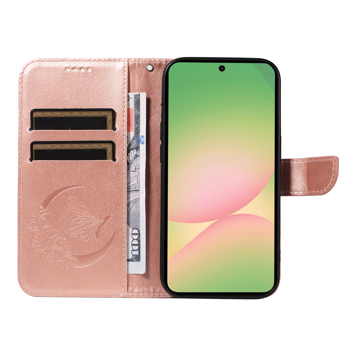 For Samsung Galaxy A57 5G Case Butterfly Pattern PU Leather Folio Flip Phone Cover -  Rose Gold