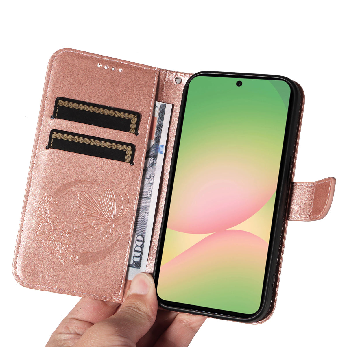 For Samsung Galaxy A57 5G Case Butterfly Pattern PU Leather Folio Flip Phone Cover -  Rose Gold