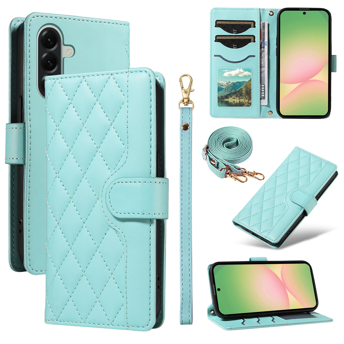 For Samsung Galaxy A57 5G Wallet Case Rhombus Leather Phone Cover with Strap - Green