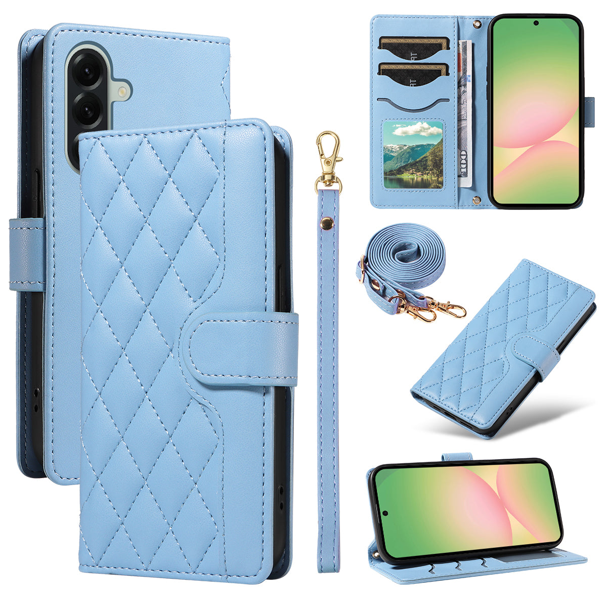For Samsung Galaxy A57 5G Wallet Case Rhombus Leather Phone Cover with Strap - Blue