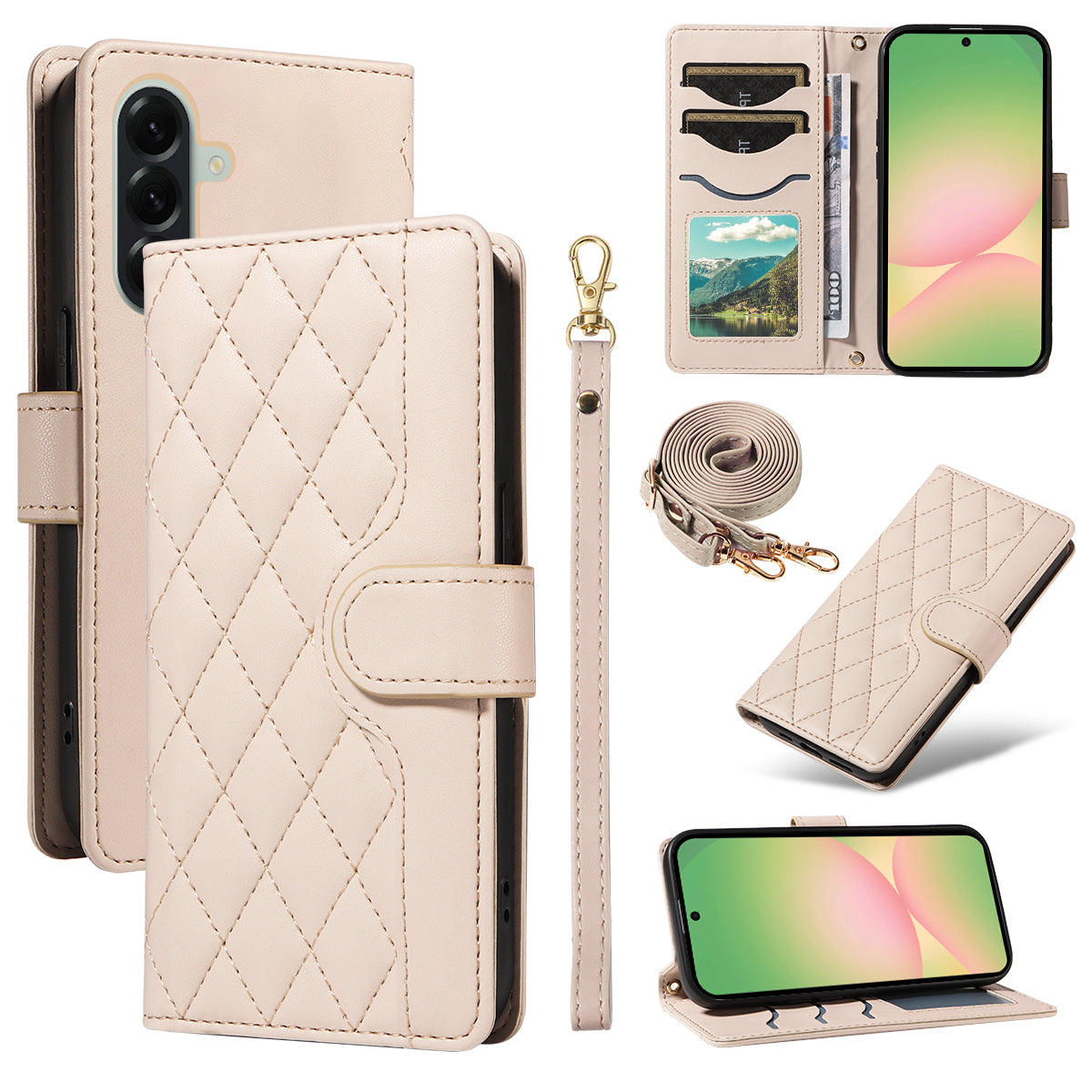 For Samsung Galaxy A57 5G Wallet Case Rhombus Leather Phone Cover with Strap - Apricot
