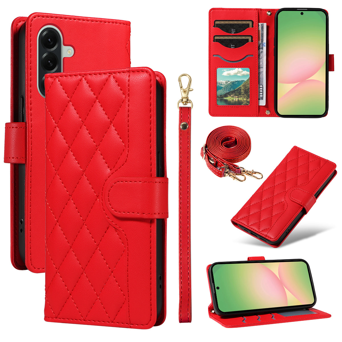 For Samsung Galaxy A57 5G Wallet Case Rhombus Leather Phone Cover with Strap -  Red