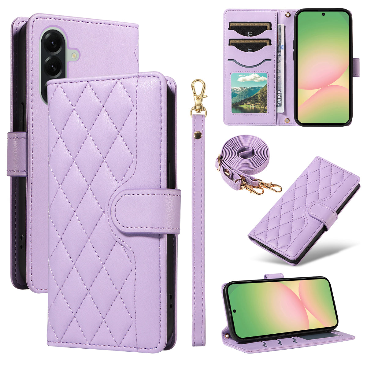 For Samsung Galaxy A57 5G Wallet Case Rhombus Leather Phone Cover with Strap -  Light Purple