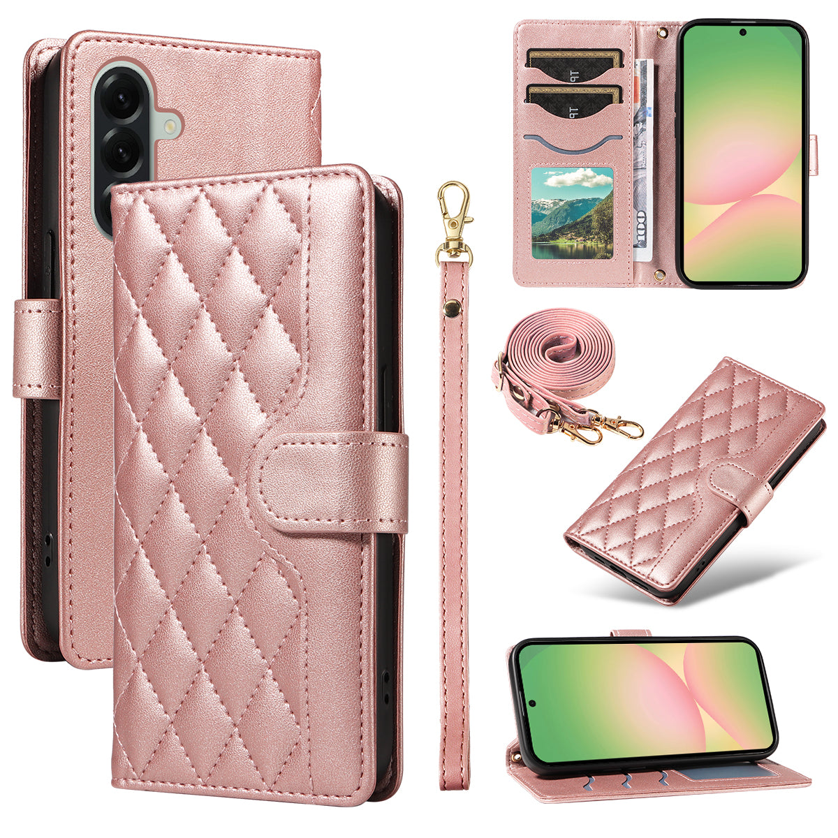 For Samsung Galaxy A57 5G Wallet Case Rhombus Leather Phone Cover with Strap -  Rose Gold