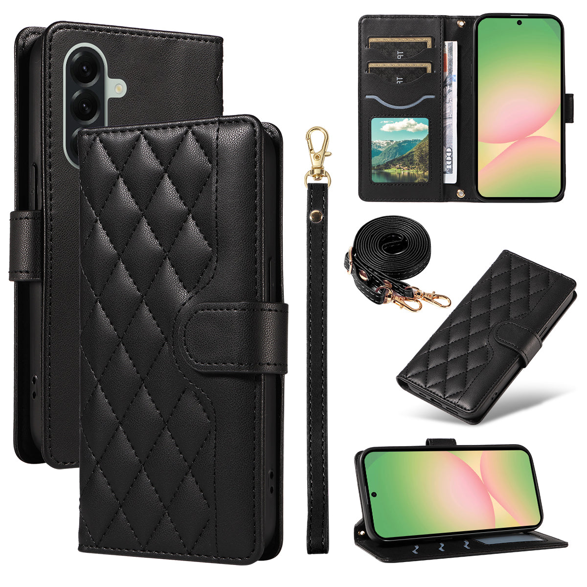For Samsung Galaxy A57 5G Wallet Case Rhombus Leather Phone Cover with Strap - Black