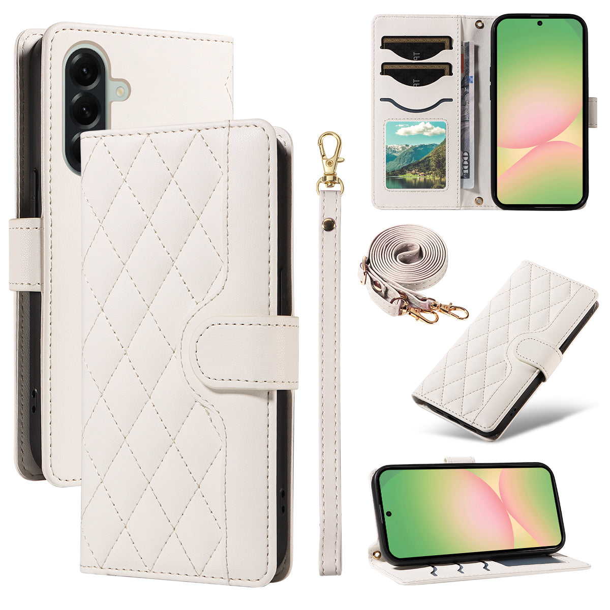 For Samsung Galaxy A57 5G Wallet Case Rhombus Leather Phone Cover with Strap - White