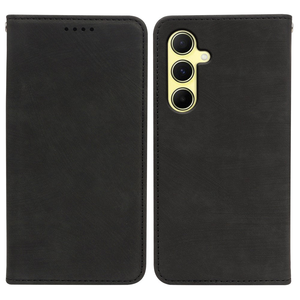 For Samsung Galaxy A57 5G Case Strong Magnetic Leather Wallet Phone Cover with Striped Texture - Black