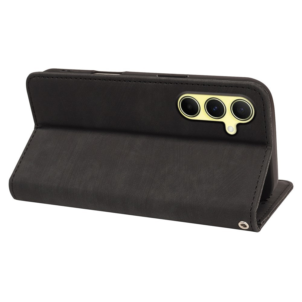 For Samsung Galaxy A57 5G Case Strong Magnetic Leather Wallet Phone Cover with Striped Texture - Black