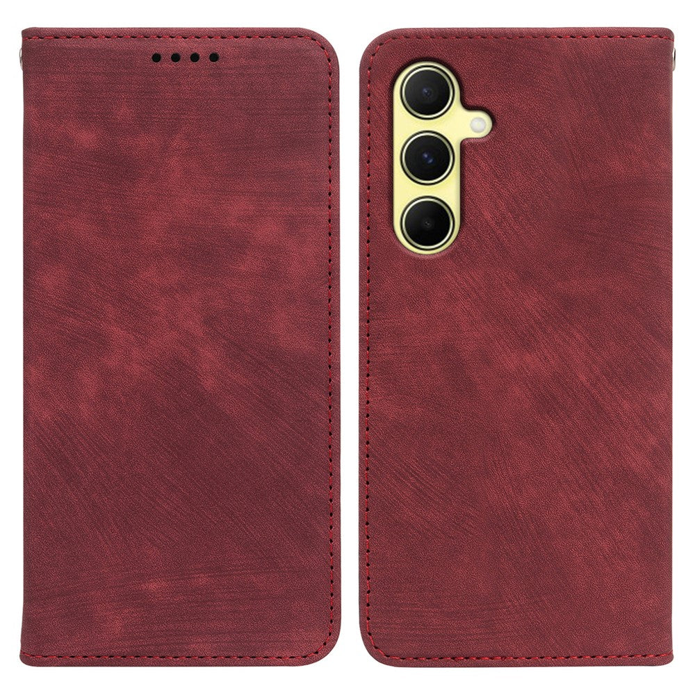 For Samsung Galaxy A57 5G Case Strong Magnetic Leather Wallet Phone Cover with Striped Texture - Red