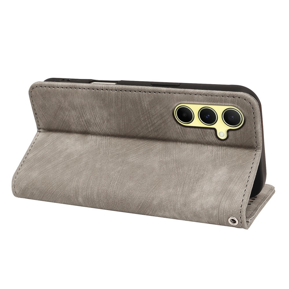 For Samsung Galaxy A57 5G Case Strong Magnetic Leather Wallet Phone Cover with Striped Texture - Grey