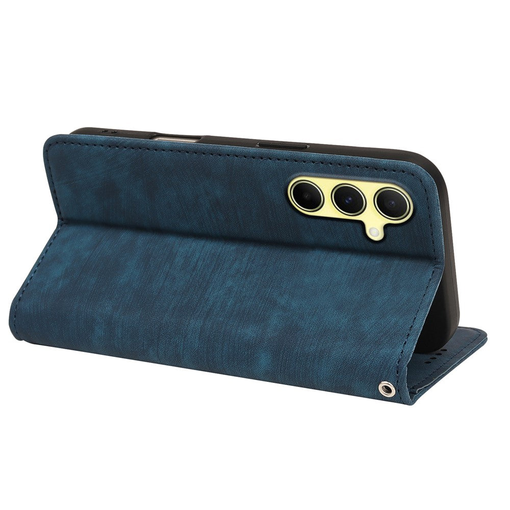For Samsung Galaxy A57 5G Case Strong Magnetic Leather Wallet Phone Cover with Striped Texture - Blue