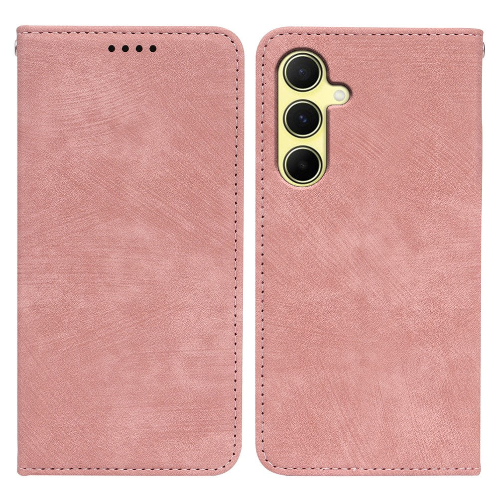 For Samsung Galaxy A57 5G Case Strong Magnetic Leather Wallet Phone Cover with Striped Texture - Rose Gold
