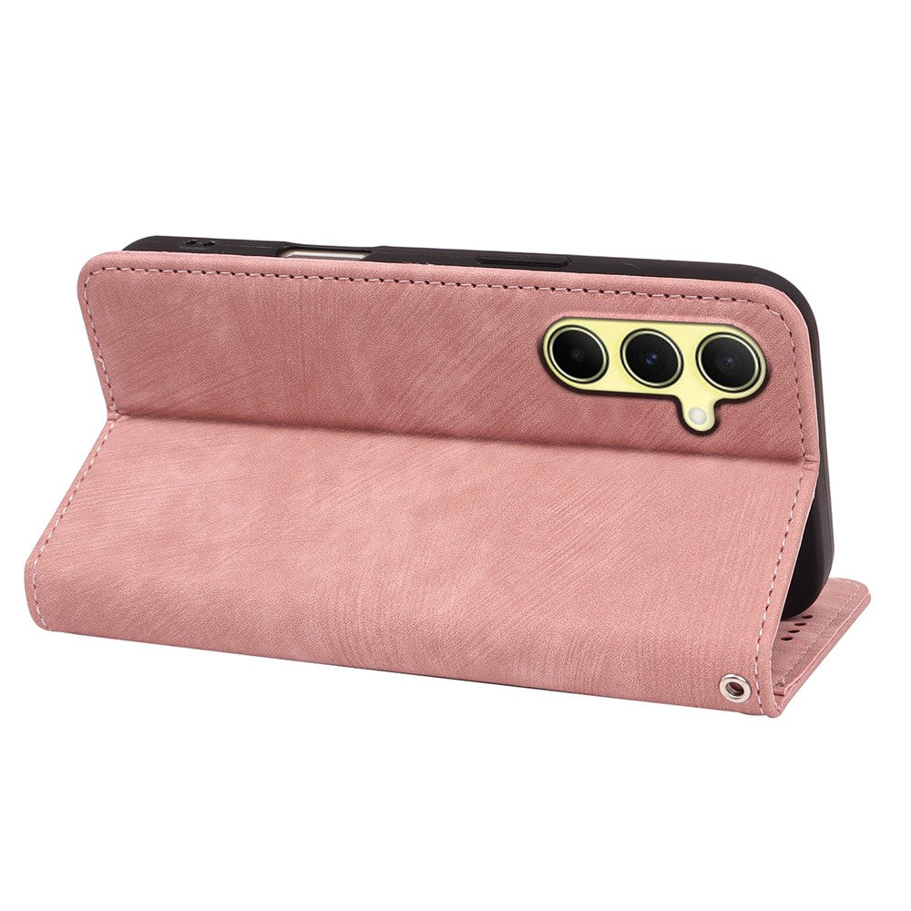 For Samsung Galaxy A57 5G Case Strong Magnetic Leather Wallet Phone Cover with Striped Texture - Rose Gold