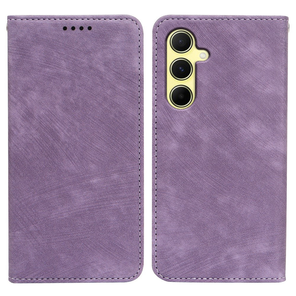 For Samsung Galaxy A57 5G Case Strong Magnetic Leather Wallet Phone Cover with Striped Texture - Purple