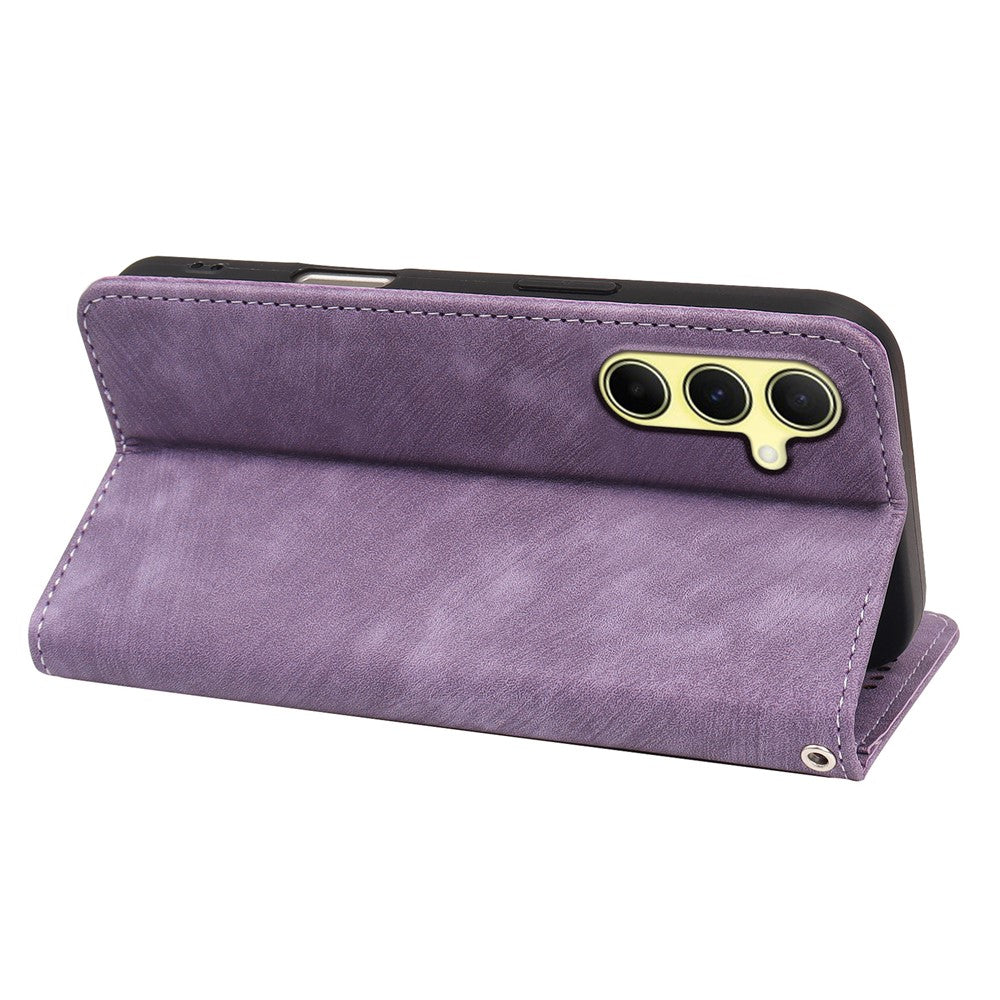 For Samsung Galaxy A57 5G Case Strong Magnetic Leather Wallet Phone Cover with Striped Texture - Purple