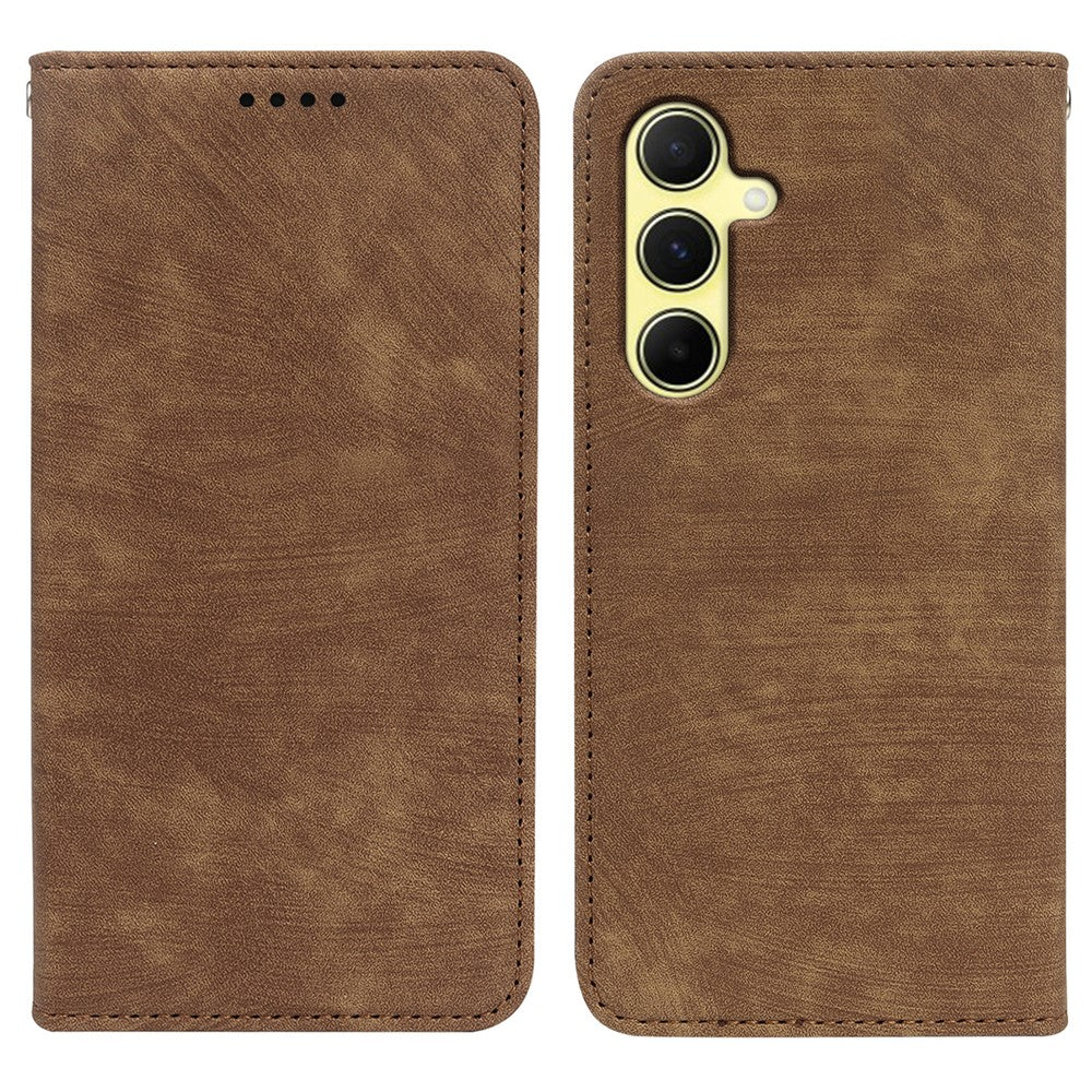 For Samsung Galaxy A57 5G Case Strong Magnetic Leather Wallet Phone Cover with Striped Texture - Brown