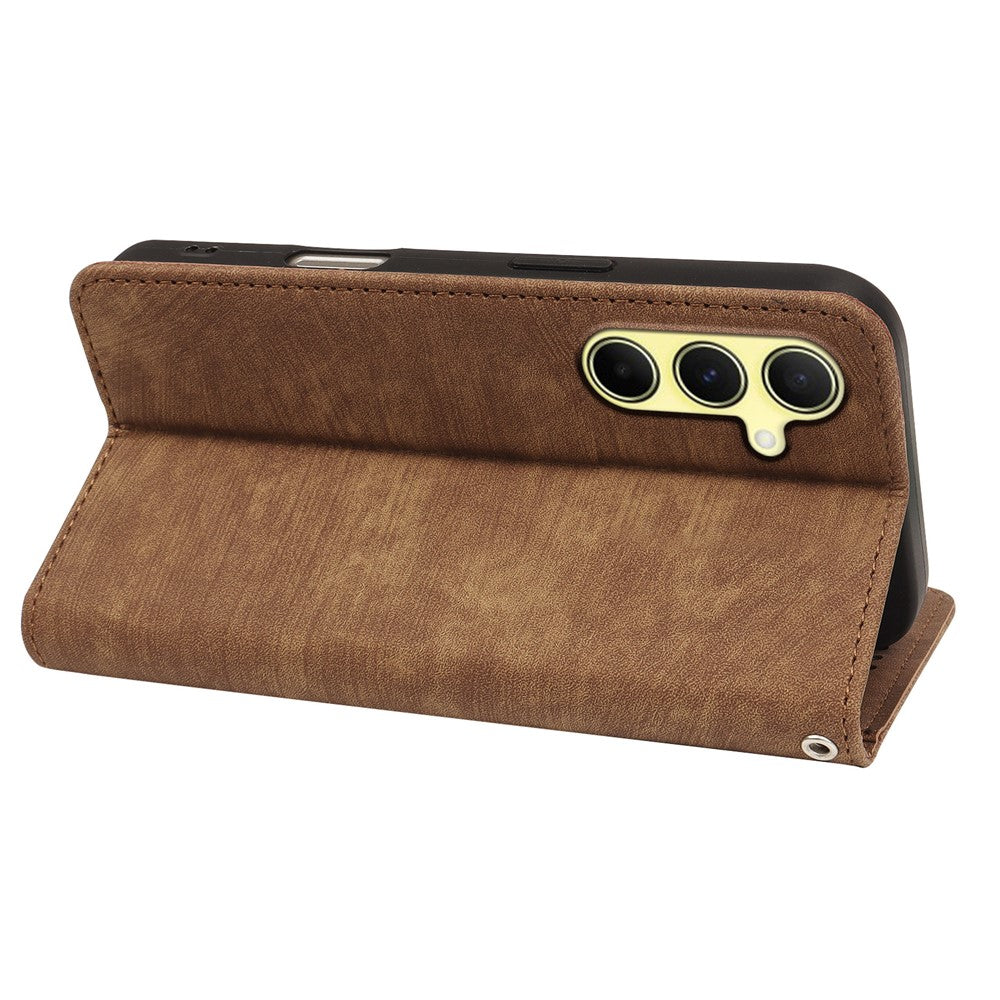 For Samsung Galaxy A57 5G Case Strong Magnetic Leather Wallet Phone Cover with Striped Texture - Brown