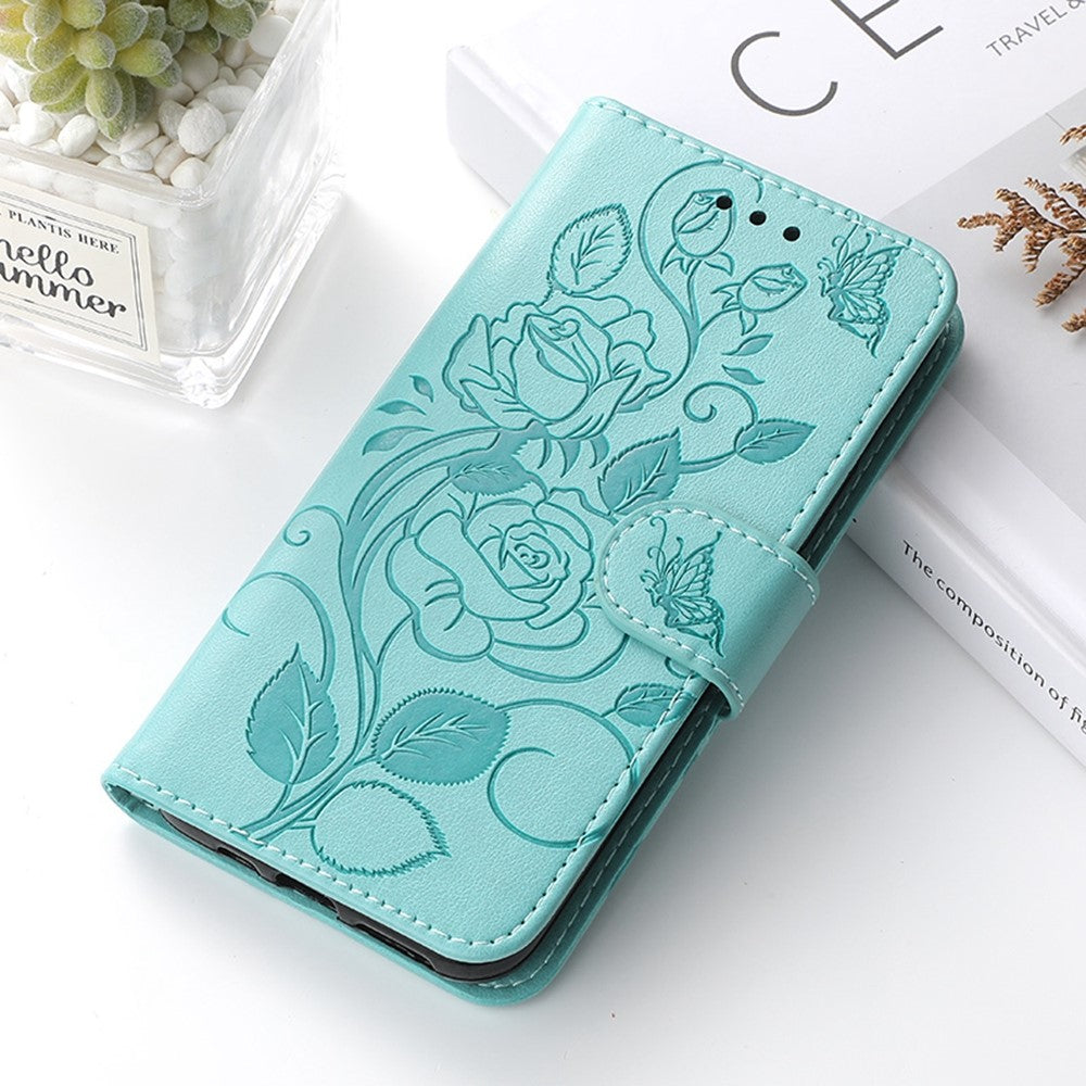 For Samsung Galaxy A57 5G Case Wallet Stand Imprinted Rose Butterfly PU Leather Phone Cover - Green