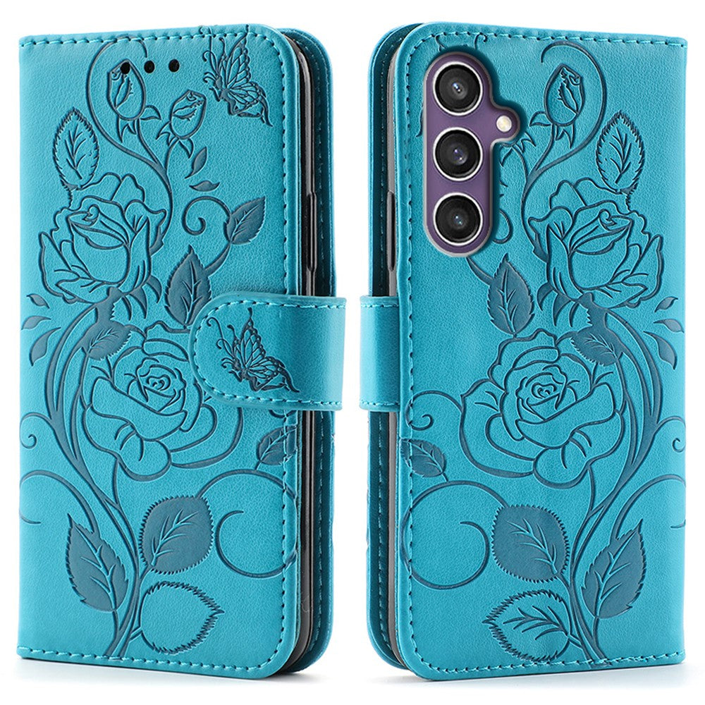 For Samsung Galaxy A57 5G Case Wallet Stand Imprinted Rose Butterfly PU Leather Phone Cover - Blue