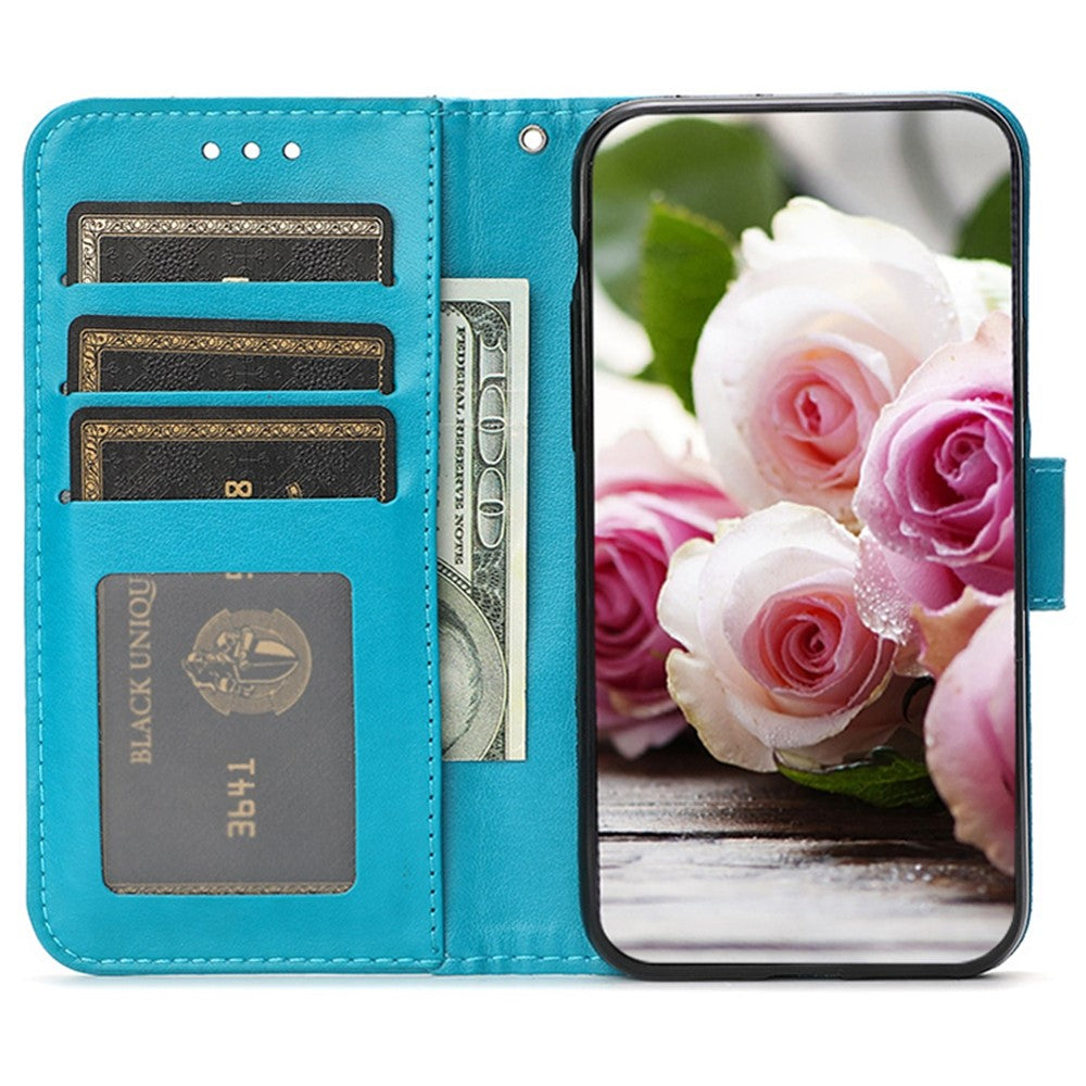 For Samsung Galaxy A57 5G Case Wallet Stand Imprinted Rose Butterfly PU Leather Phone Cover - Blue