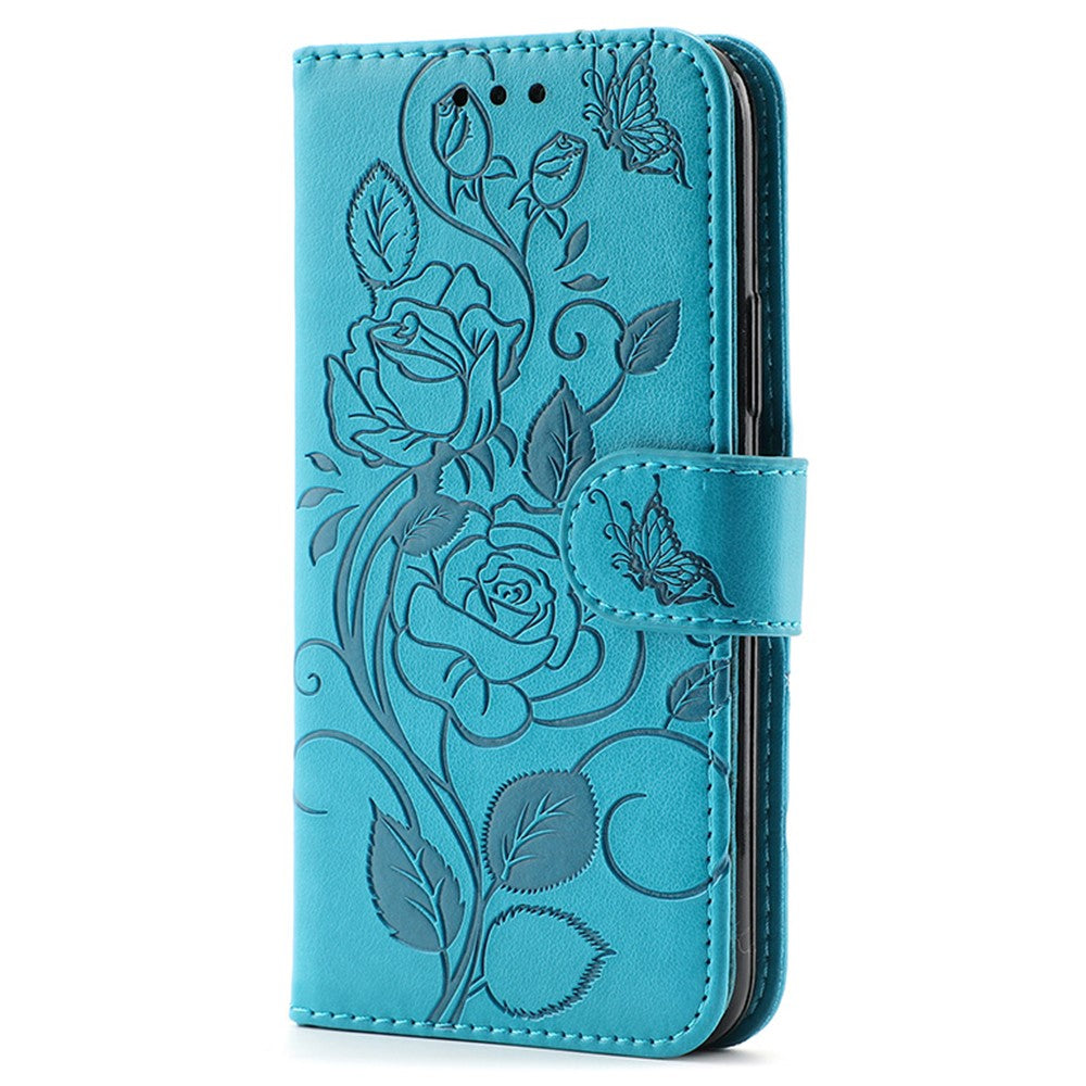 For Samsung Galaxy A57 5G Case Wallet Stand Imprinted Rose Butterfly PU Leather Phone Cover - Blue