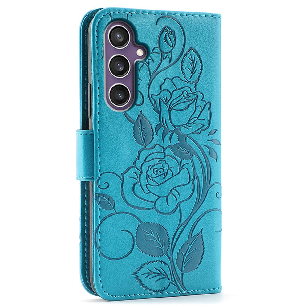 For Samsung Galaxy A57 5G Case Wallet Stand Imprinted Rose Butterfly PU Leather Phone Cover - Blue