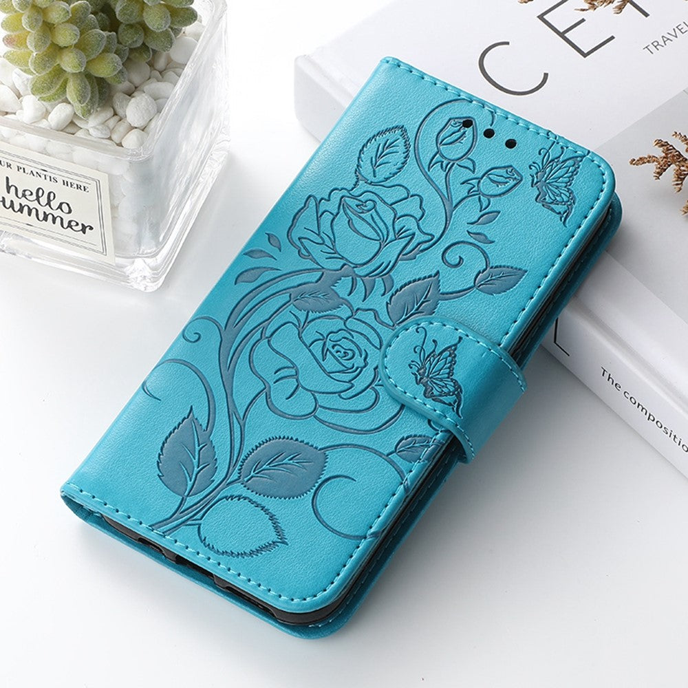 For Samsung Galaxy A57 5G Case Wallet Stand Imprinted Rose Butterfly PU Leather Phone Cover - Blue