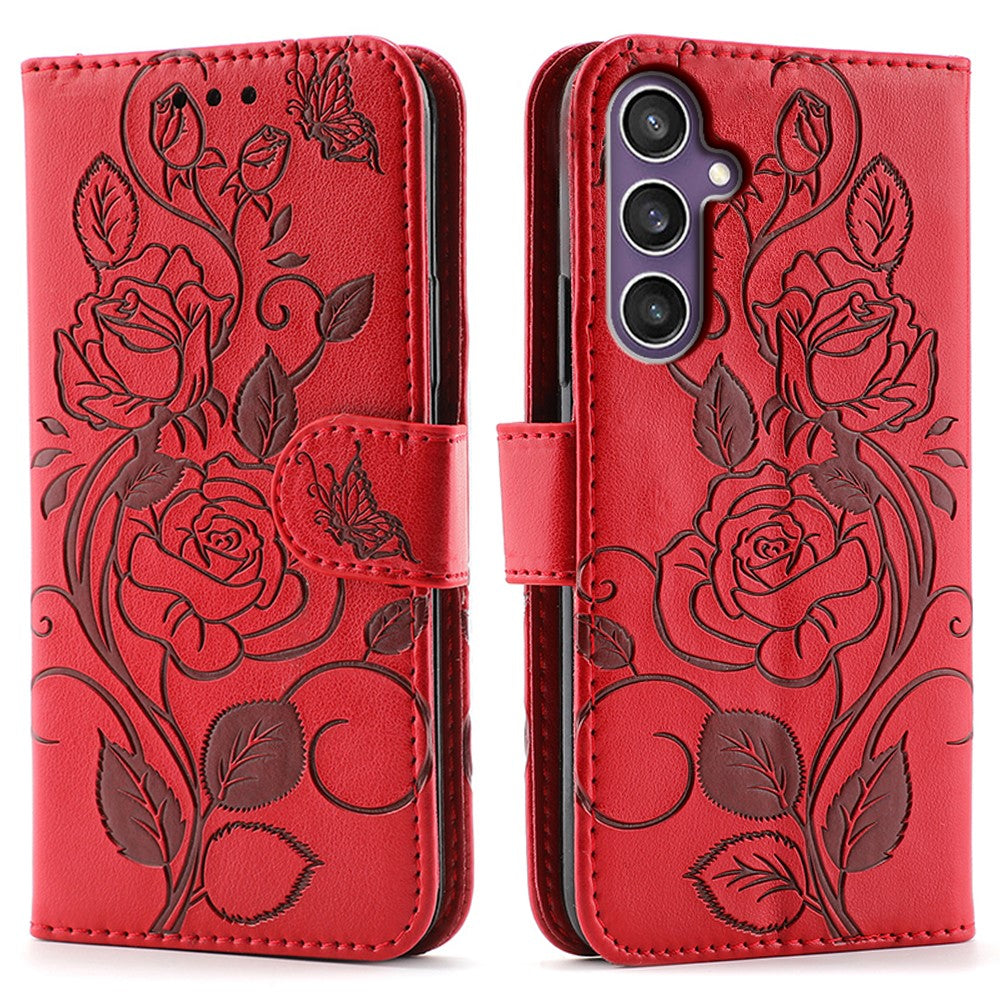 For Samsung Galaxy A57 5G Case Wallet Stand Imprinted Rose Butterfly PU Leather Phone Cover - Red