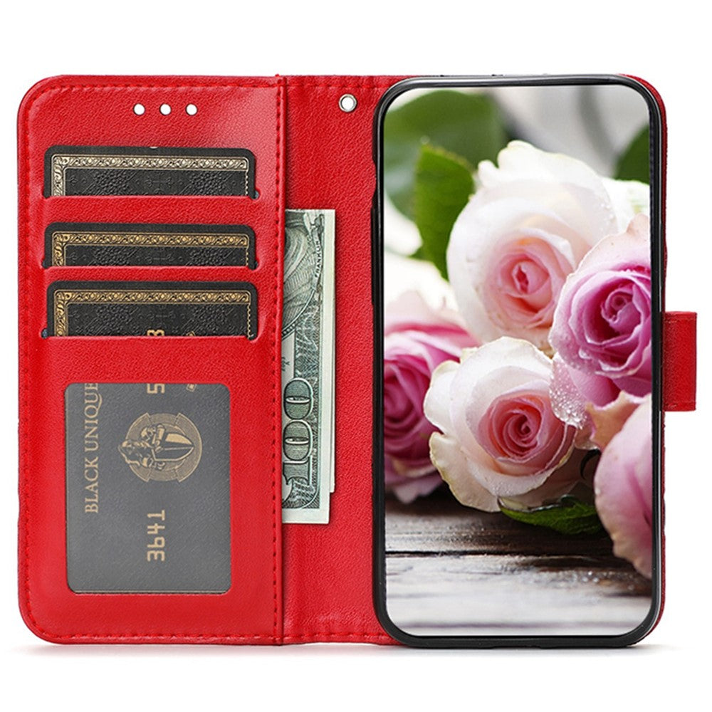 For Samsung Galaxy A57 5G Case Wallet Stand Imprinted Rose Butterfly PU Leather Phone Cover - Red