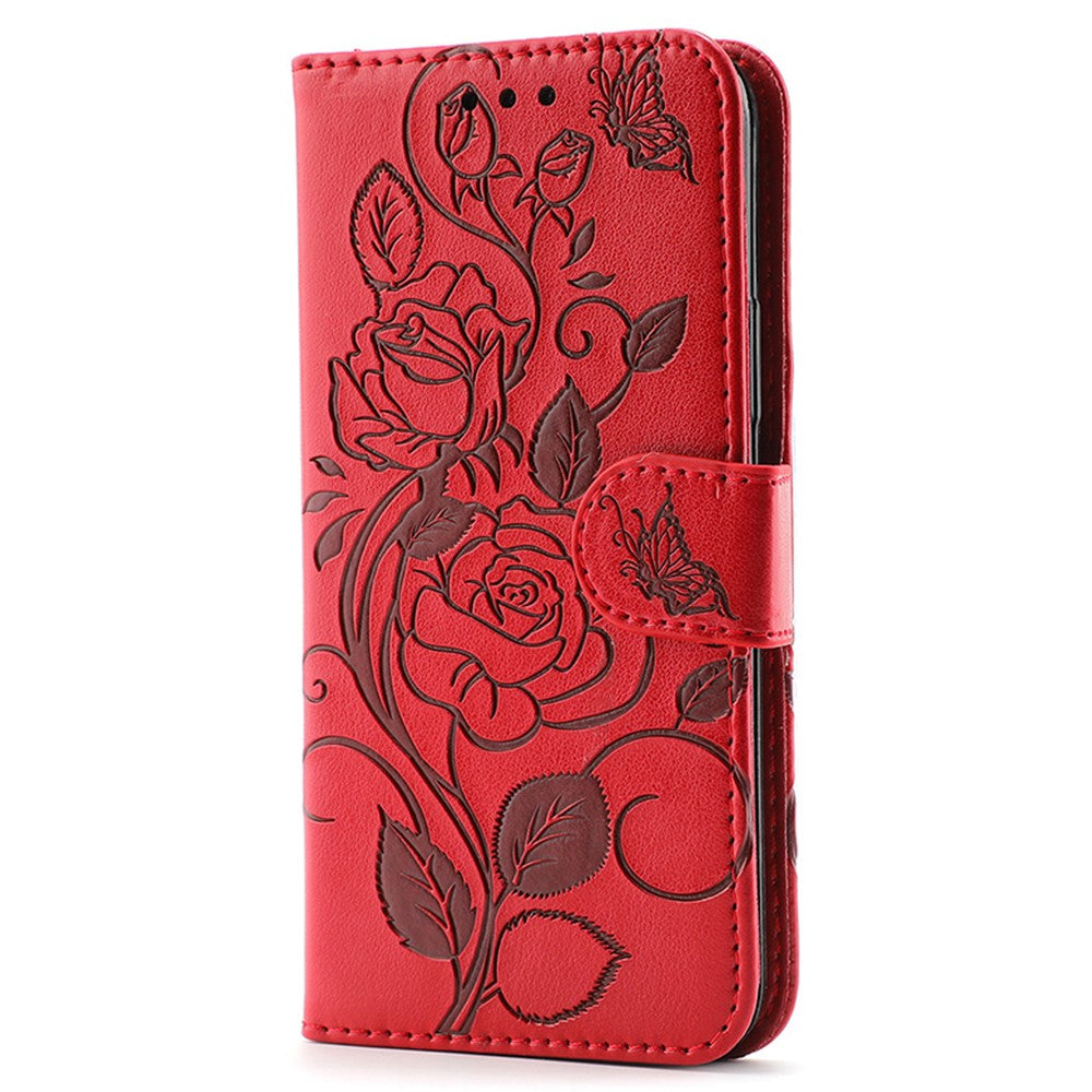 For Samsung Galaxy A57 5G Case Wallet Stand Imprinted Rose Butterfly PU Leather Phone Cover - Red