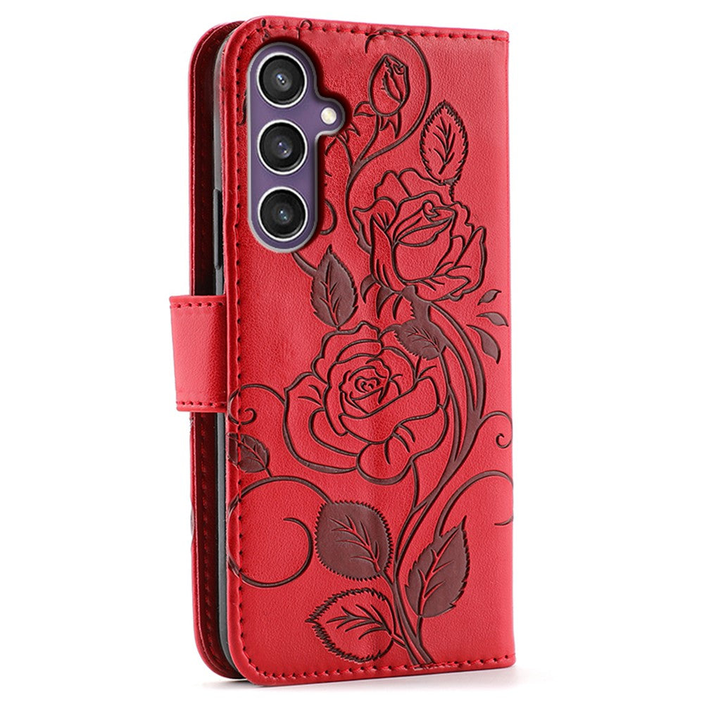 For Samsung Galaxy A57 5G Case Wallet Stand Imprinted Rose Butterfly PU Leather Phone Cover - Red