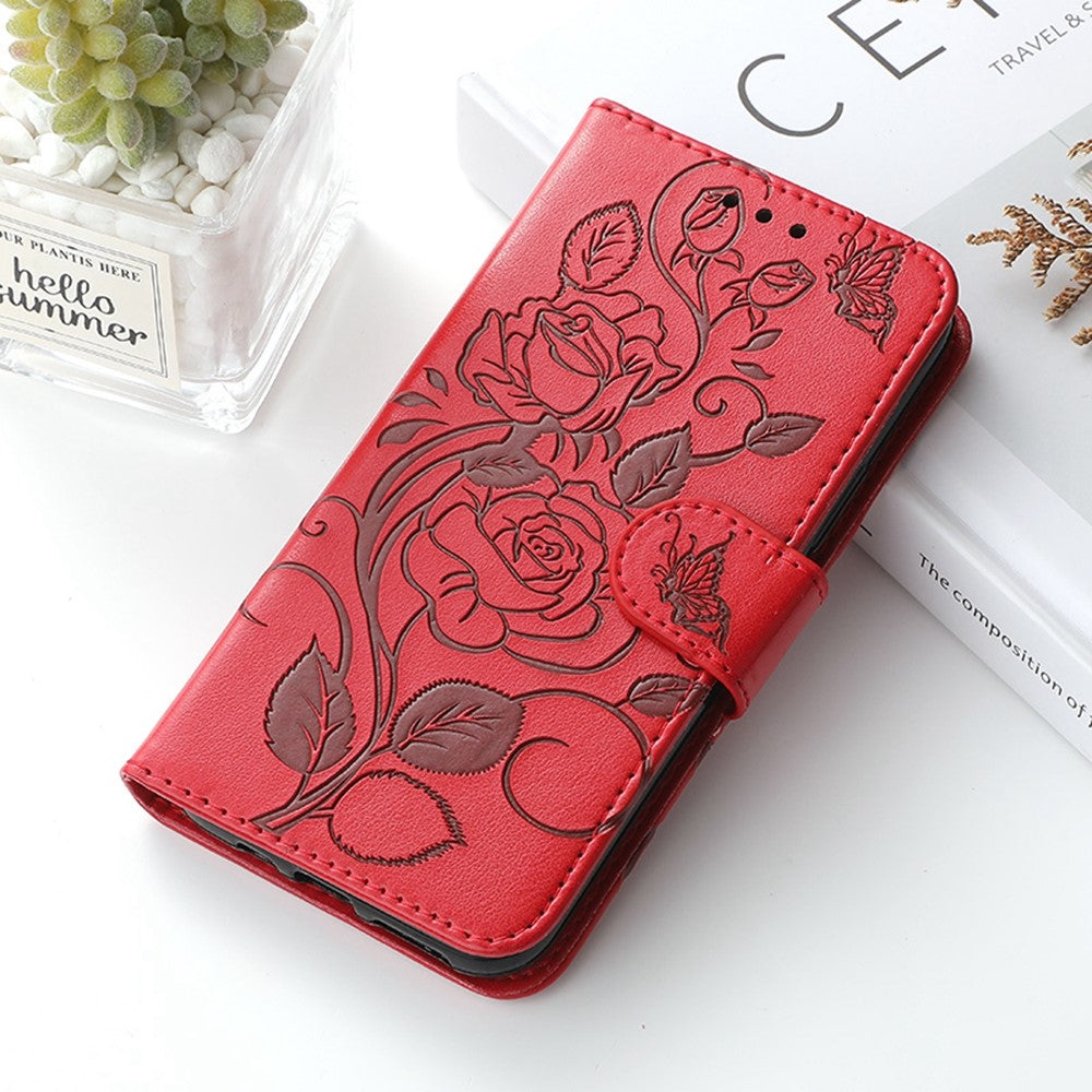 For Samsung Galaxy A57 5G Case Wallet Stand Imprinted Rose Butterfly PU Leather Phone Cover - Red