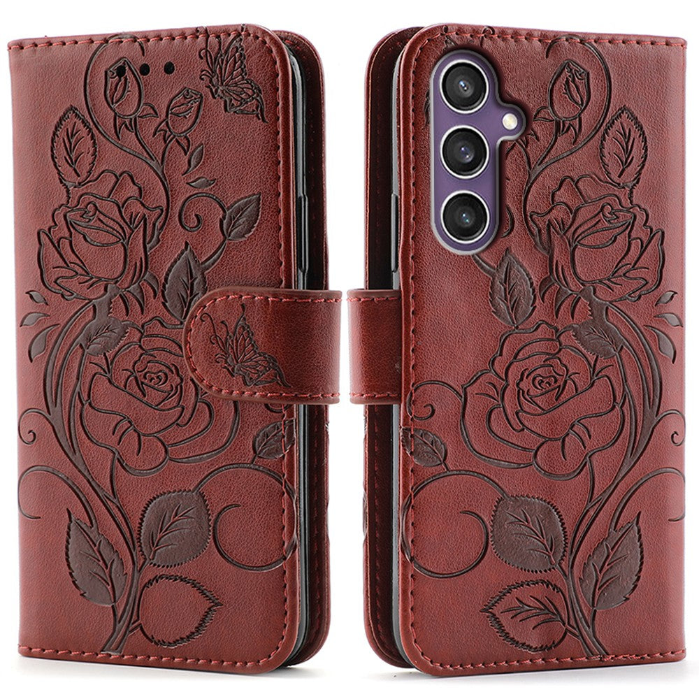 For Samsung Galaxy A57 5G Case Wallet Stand Imprinted Rose Butterfly PU Leather Phone Cover - Brown