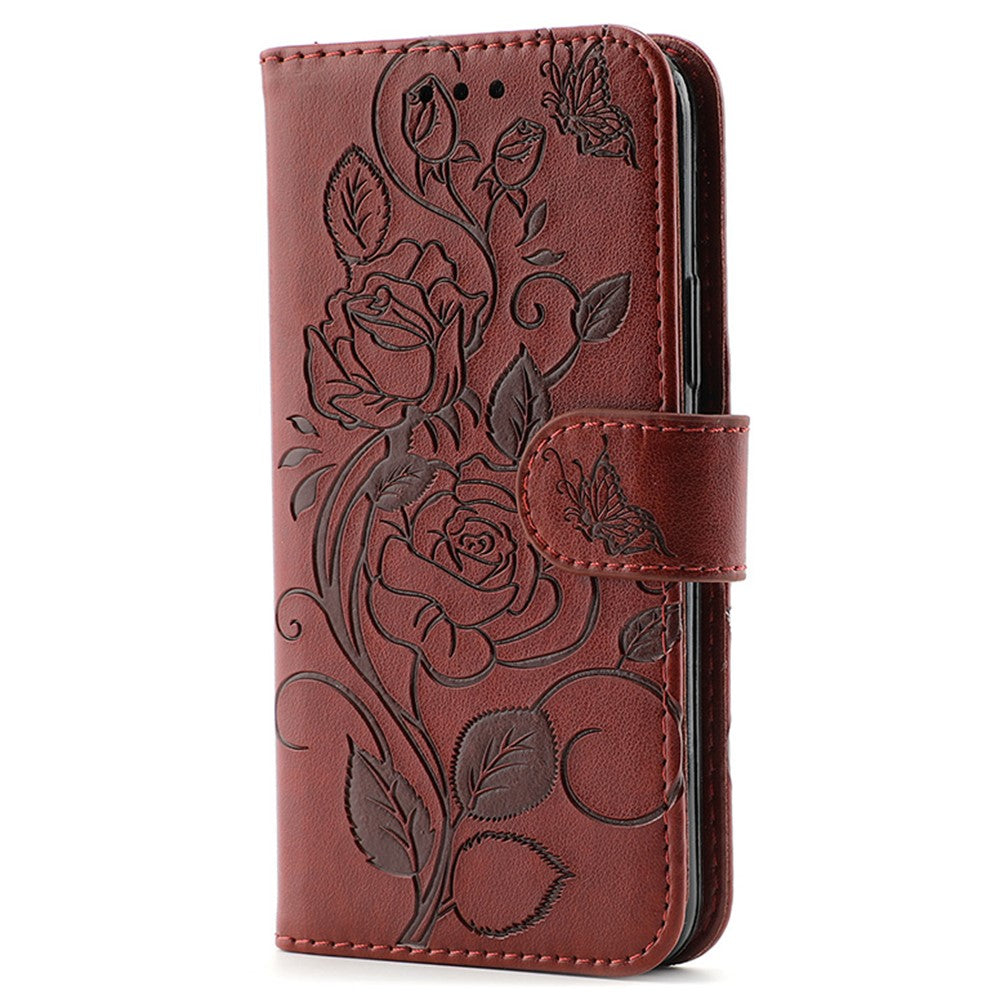 For Samsung Galaxy A57 5G Case Wallet Stand Imprinted Rose Butterfly PU Leather Phone Cover - Brown