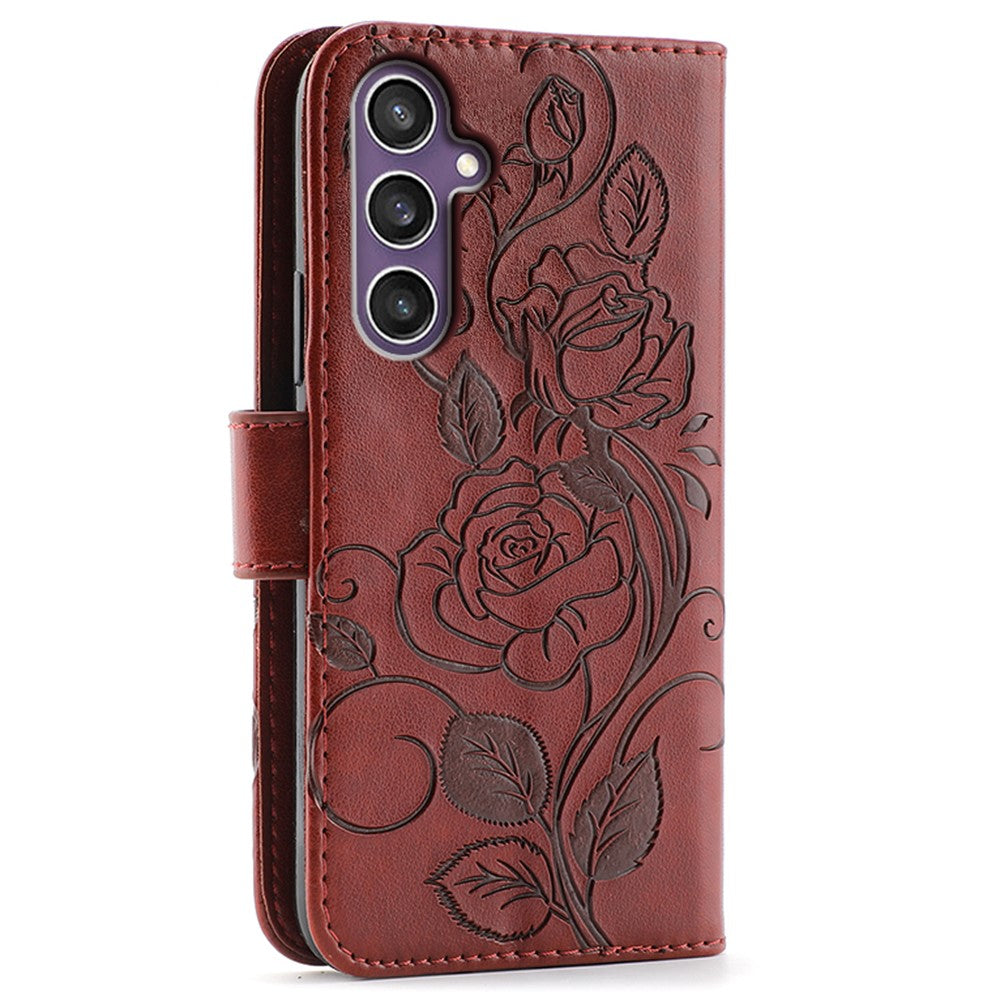 For Samsung Galaxy A57 5G Case Wallet Stand Imprinted Rose Butterfly PU Leather Phone Cover - Brown