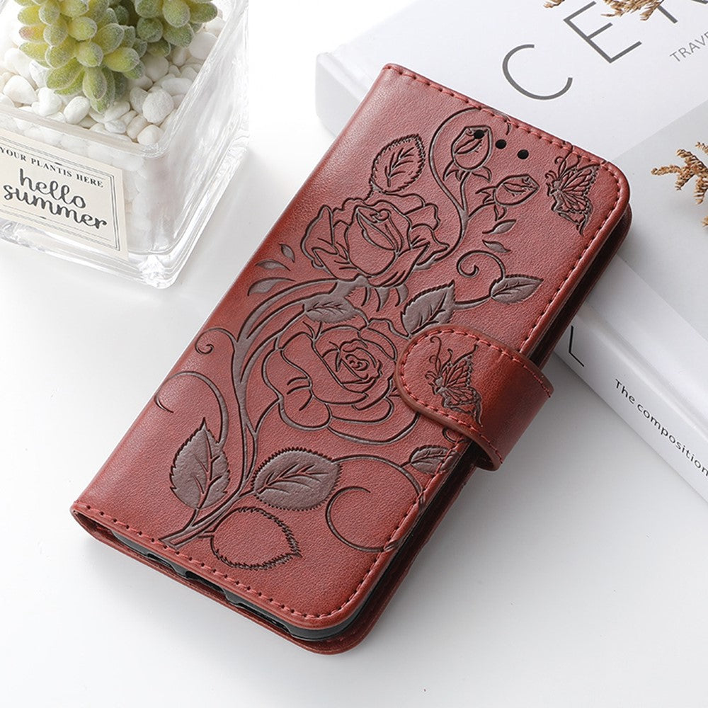 For Samsung Galaxy A57 5G Case Wallet Stand Imprinted Rose Butterfly PU Leather Phone Cover - Brown