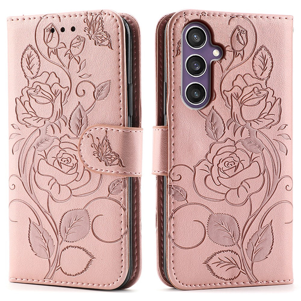 For Samsung Galaxy A57 5G Case Wallet Stand Imprinted Rose Butterfly PU Leather Phone Cover - Rose Gold