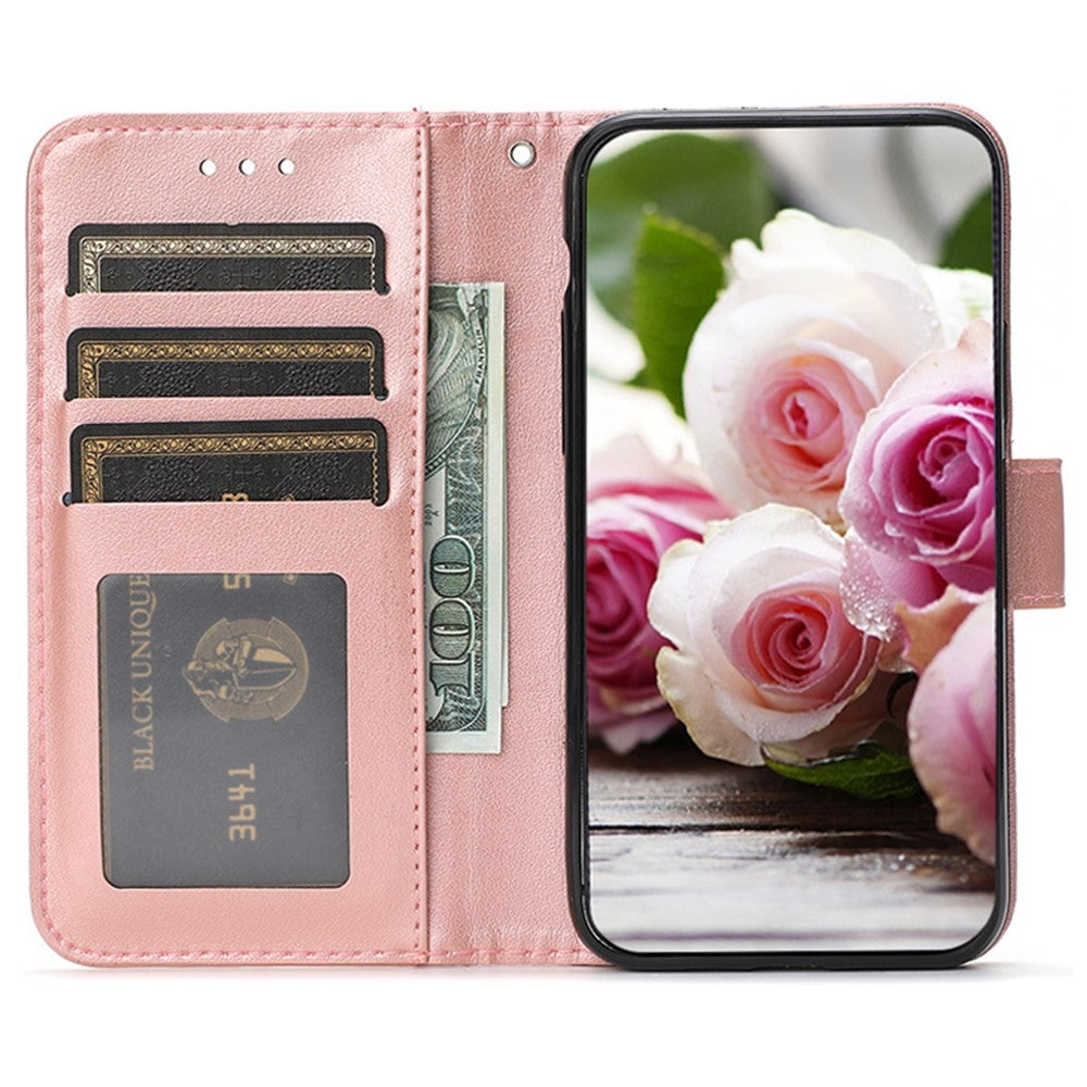 For Samsung Galaxy A57 5G Case Wallet Stand Imprinted Rose Butterfly PU Leather Phone Cover - Rose Gold