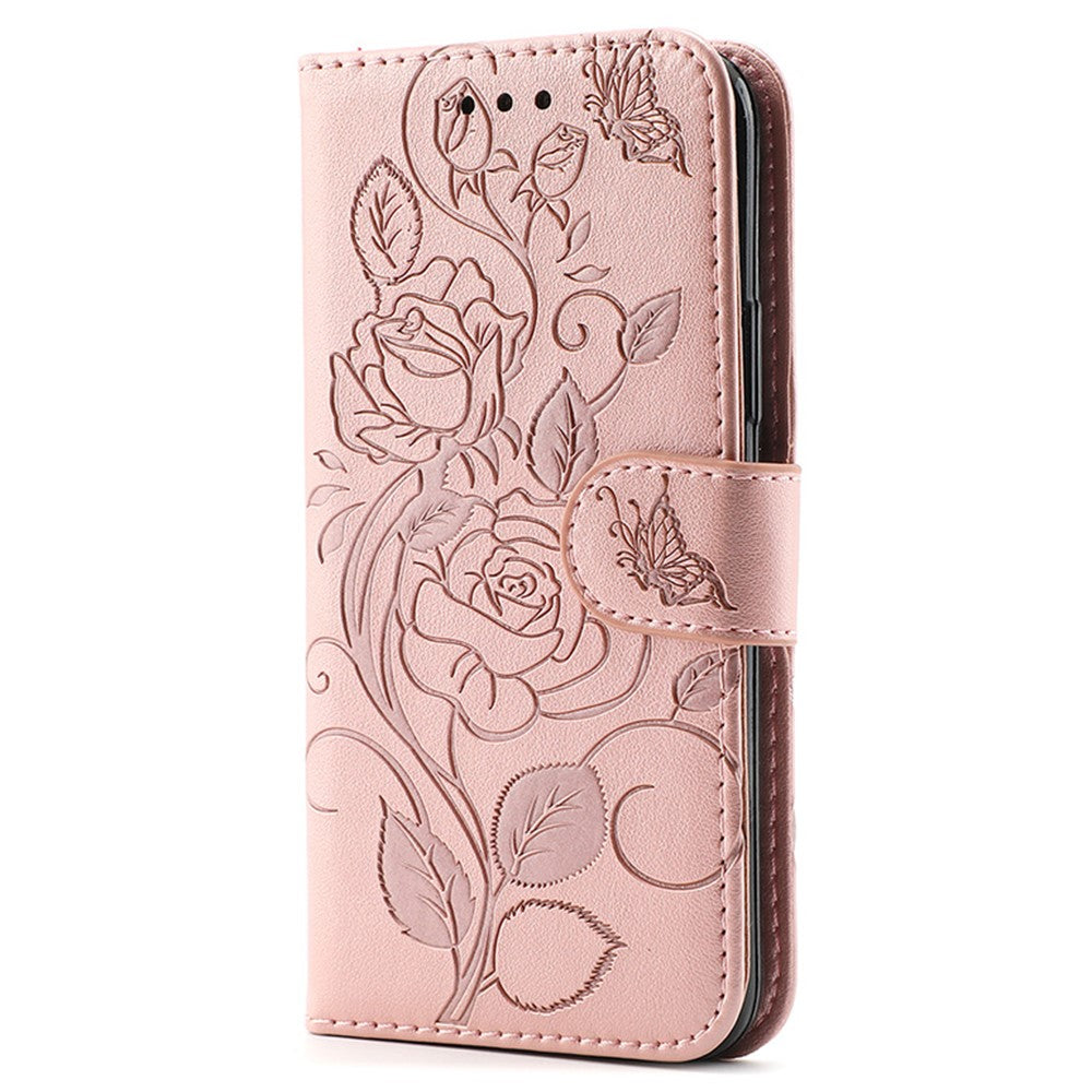 For Samsung Galaxy A57 5G Case Wallet Stand Imprinted Rose Butterfly PU Leather Phone Cover - Rose Gold