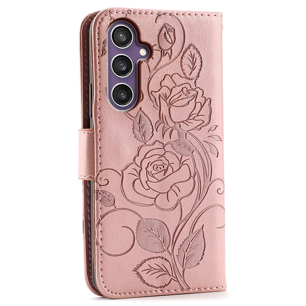 For Samsung Galaxy A57 5G Case Wallet Stand Imprinted Rose Butterfly PU Leather Phone Cover - Rose Gold