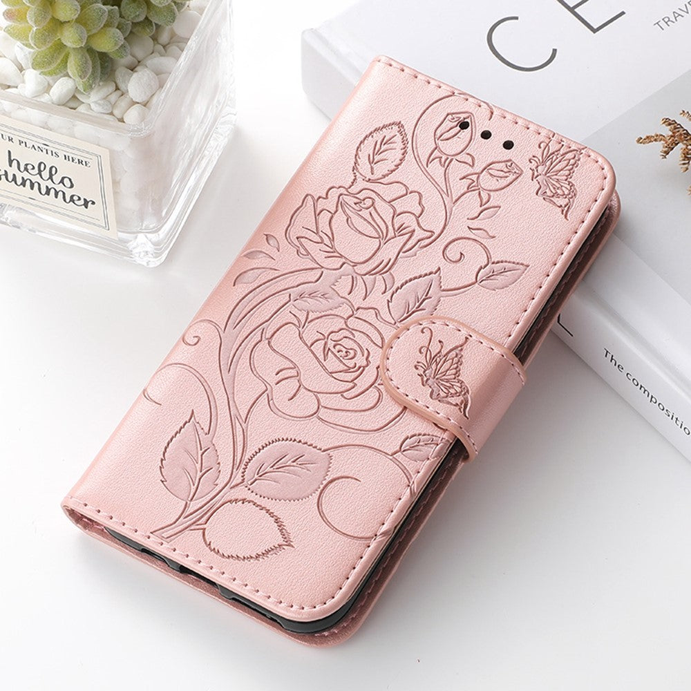 For Samsung Galaxy A57 5G Case Wallet Stand Imprinted Rose Butterfly PU Leather Phone Cover - Rose Gold