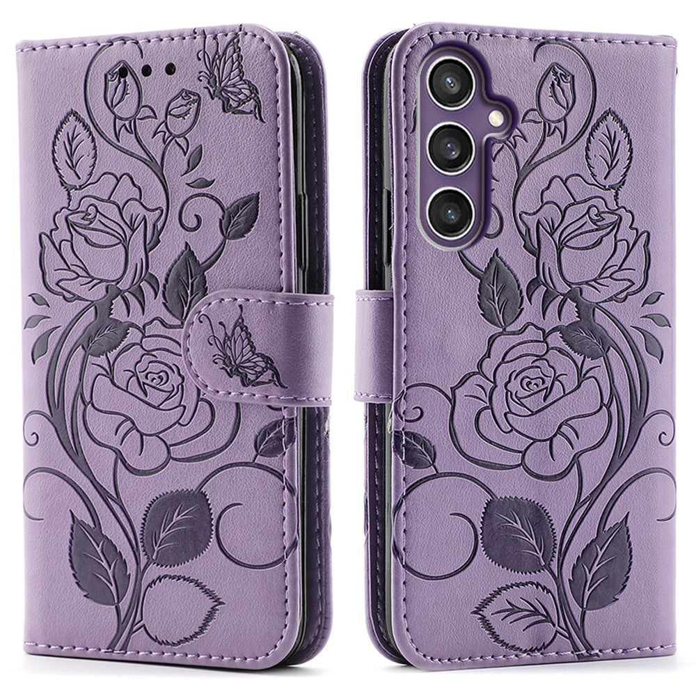 For Samsung Galaxy A57 5G Case Wallet Stand Imprinted Rose Butterfly PU Leather Phone Cover - Purple